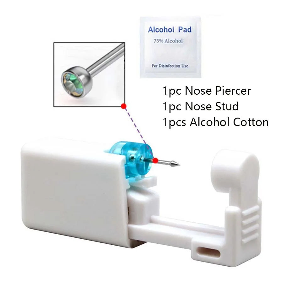 Disposable Nose Piercing Gun Kit with Built-In Crystal Nose Stud for Easy Piercing