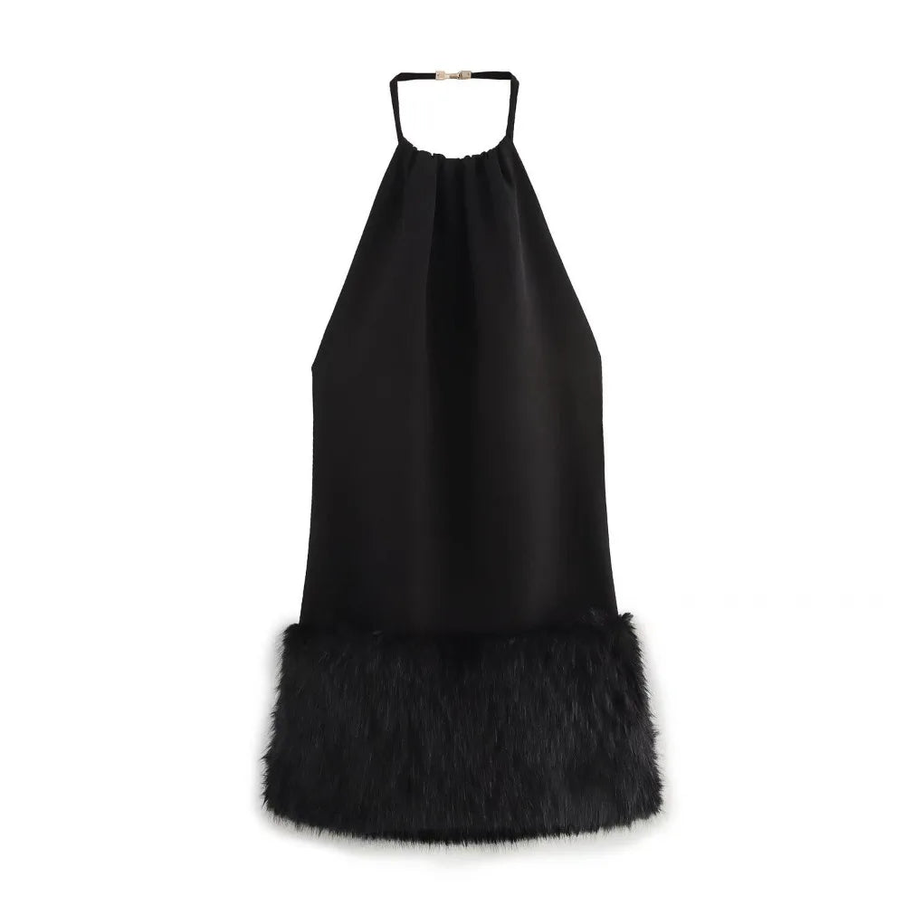 Women Faux Fur Dress Halter Neck Open Back Mini Chic