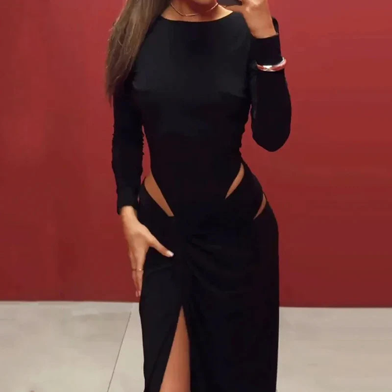 Long Sleeve Hollow Out Evening Dress With Irregular Slit