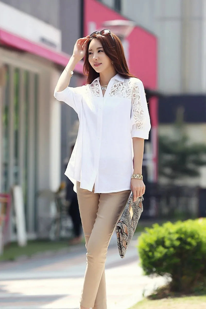 Sexy White Lace Patchwork Chiffon Button-Up Shirt for Women Casual Loose Half Sleeve Blouse Summer Top