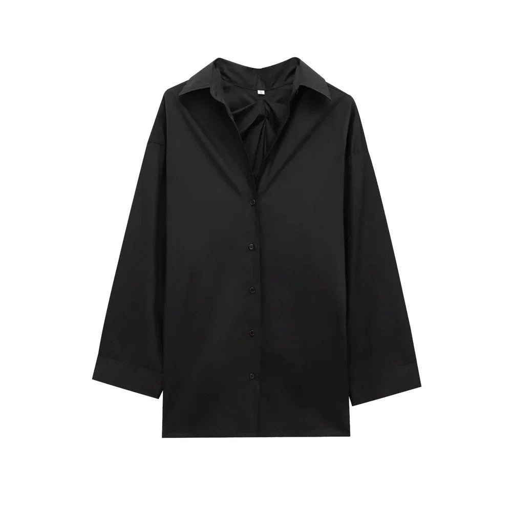 Oversized Pleated Back Long Sleeve Button-Up Shirt for Women Chic Fashion Blouse Top