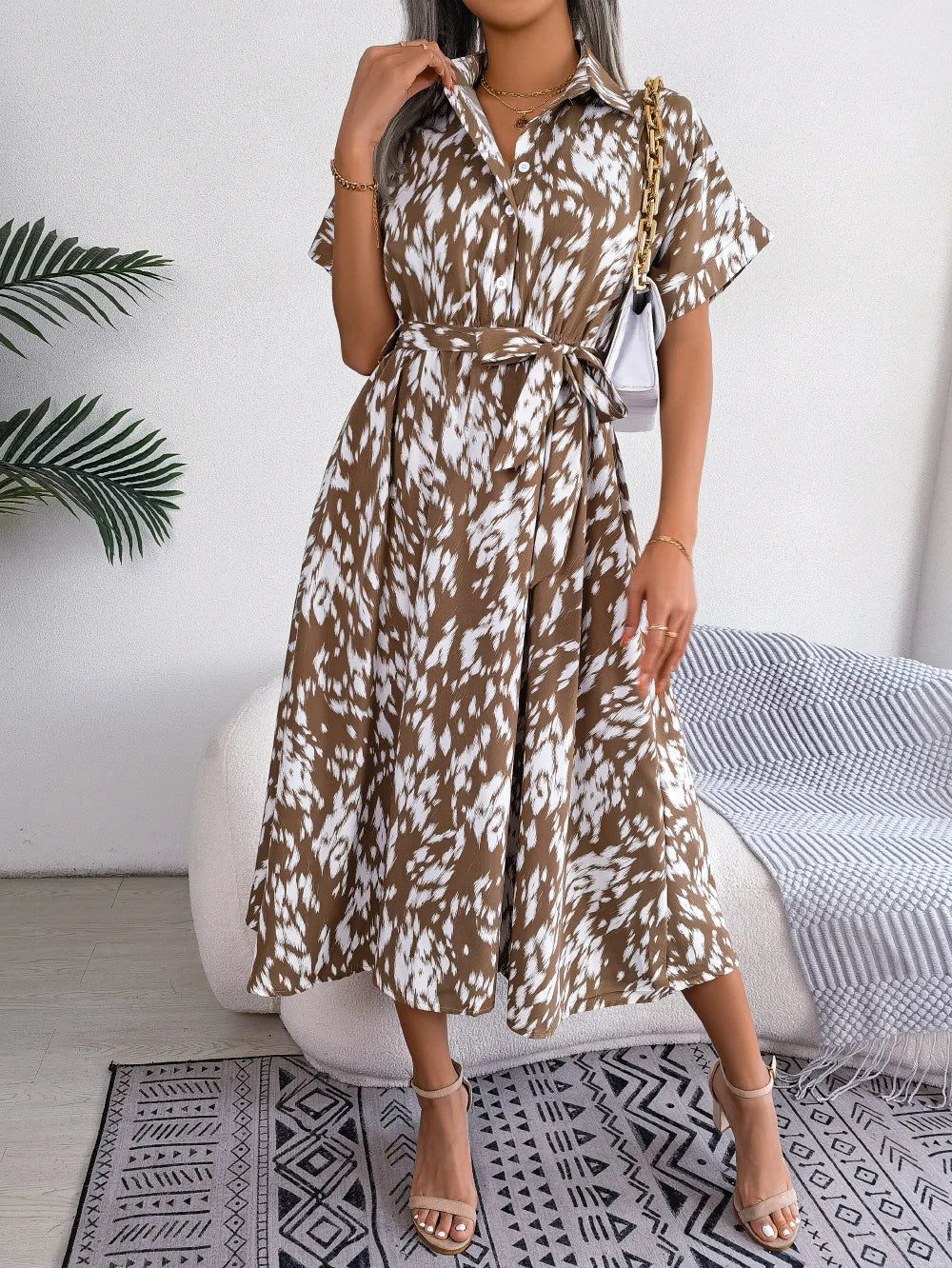 Leopard Print Shirt Dress Lace Up Casual Summer Style