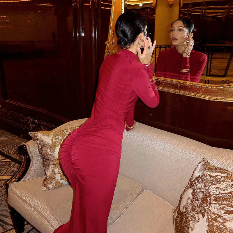 High Collar Pleated Fishtail Dress With Shoulder Pads