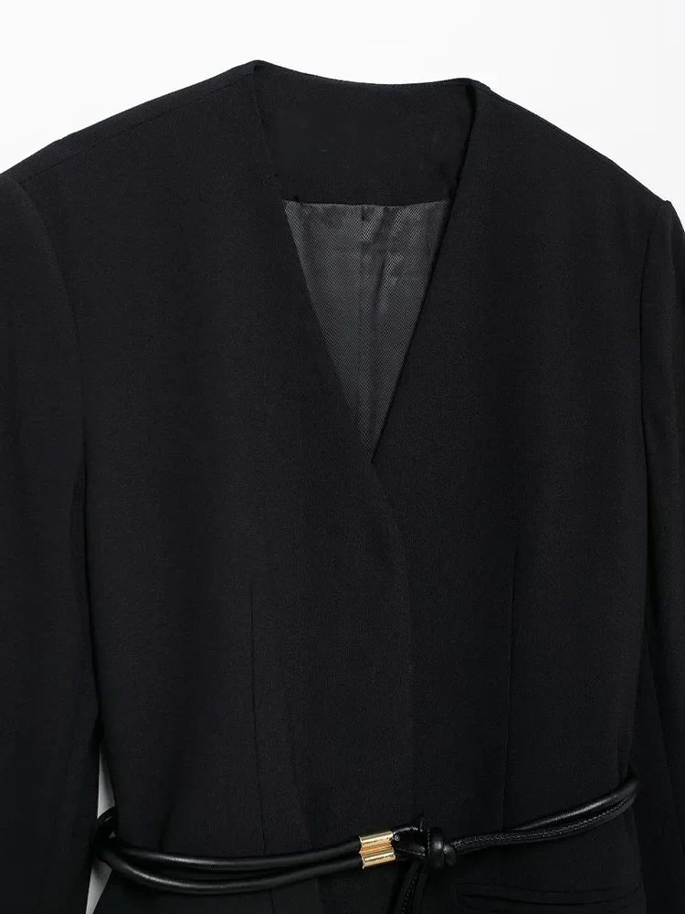 Women's Fashion Long Sleeve Suit Jacket with Belt and Zipper Straight Pants Set