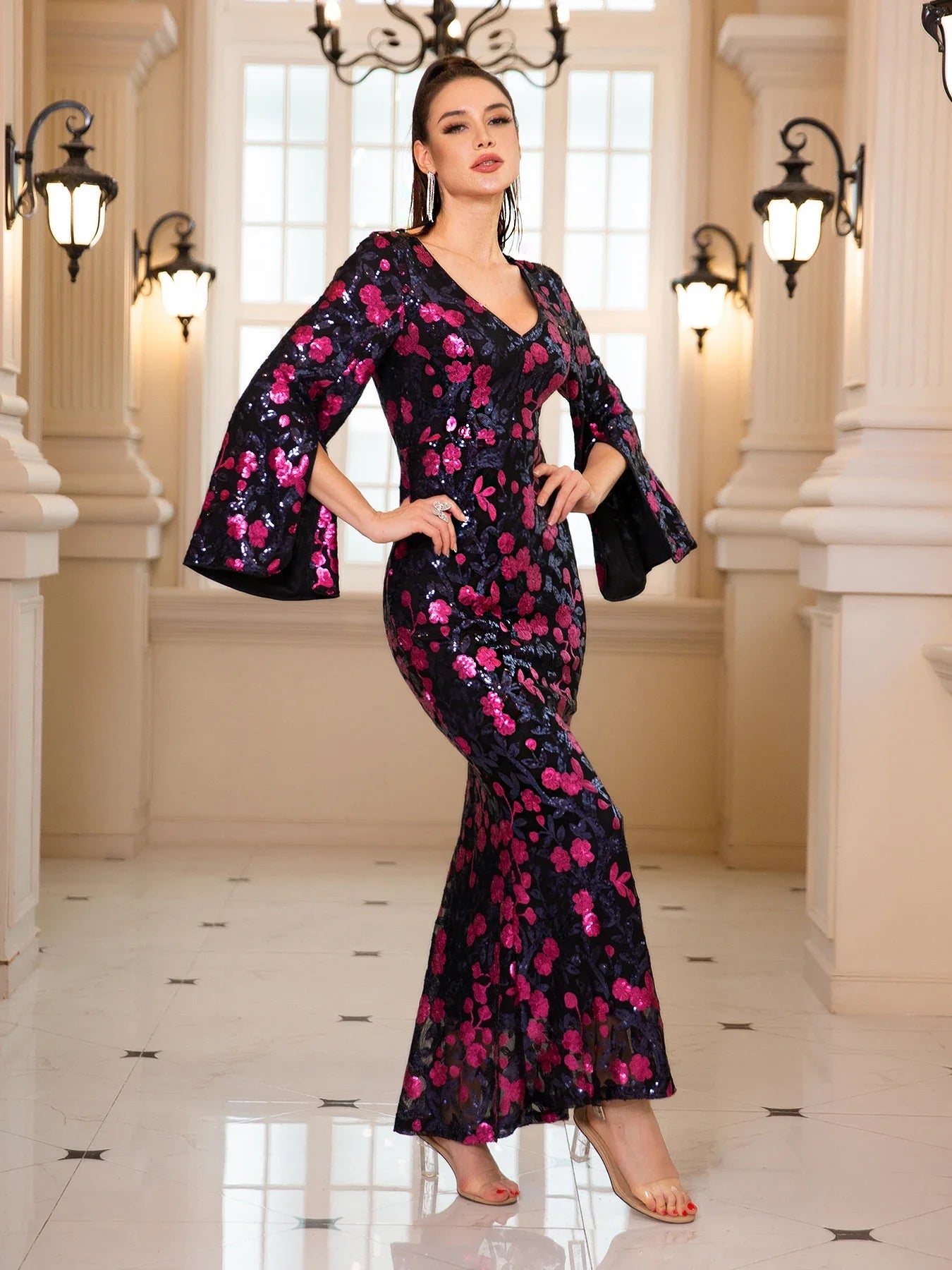 Floral Sequined Maxi Dress With V Neck For Evening Wear