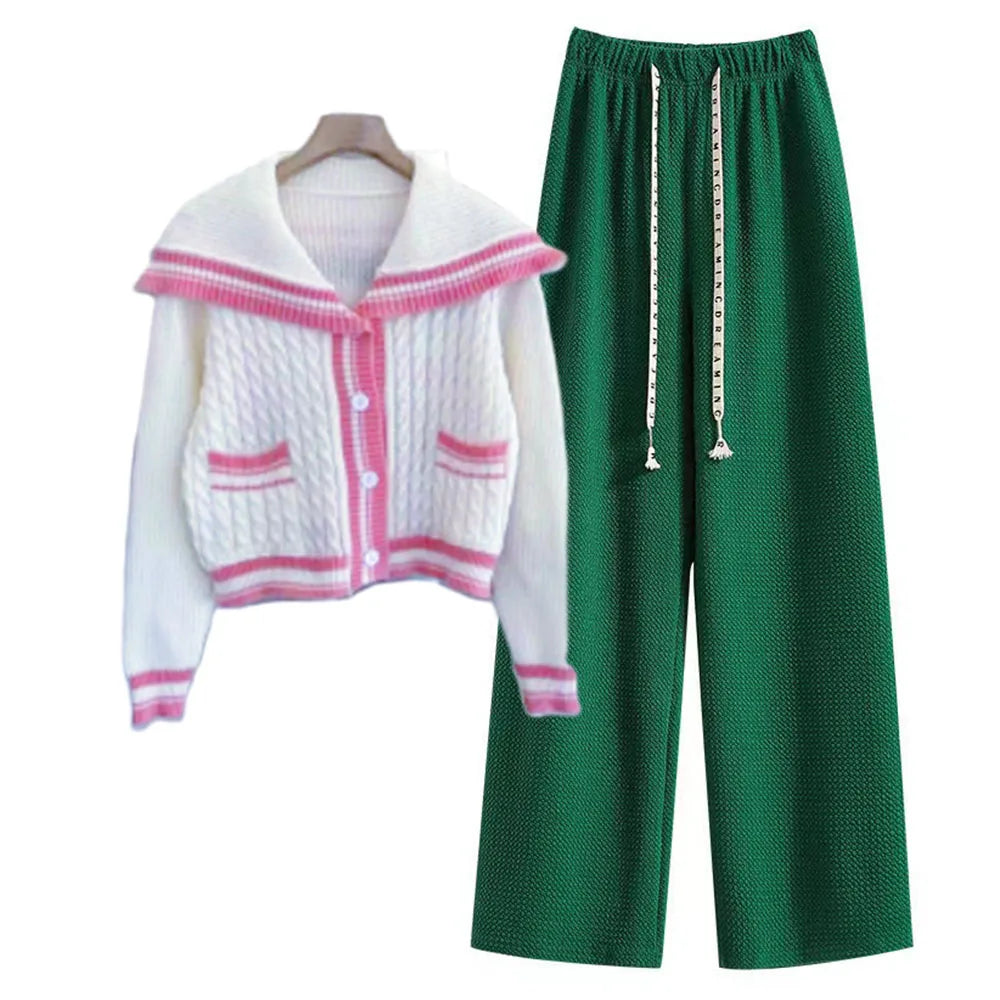 Preppy Style Knitted Two Piece Set with Sailor Collar Sweater and Elastic Pants for Women's Korean Sportswear