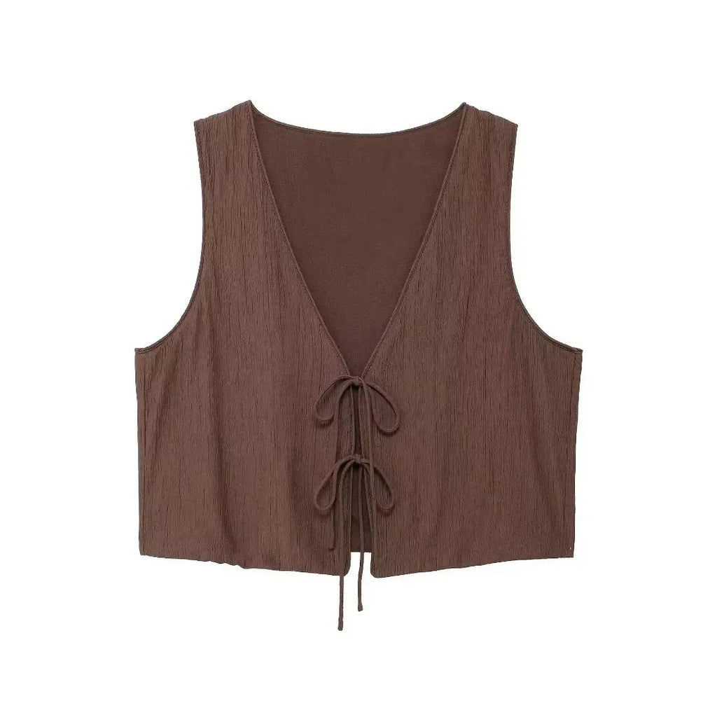 Women Textured Sleeveless Lace-Up Vest Top and High Waist Drawstring Skirt Set with Side Pockets