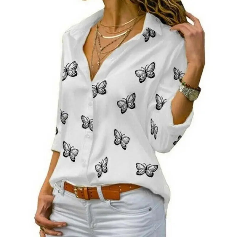 Elegant Women Butterfly Print Loose Fit Long Sleeve Blouse with Turn Down Collar Casual Oversized Office Shirt for Spring and Autumn