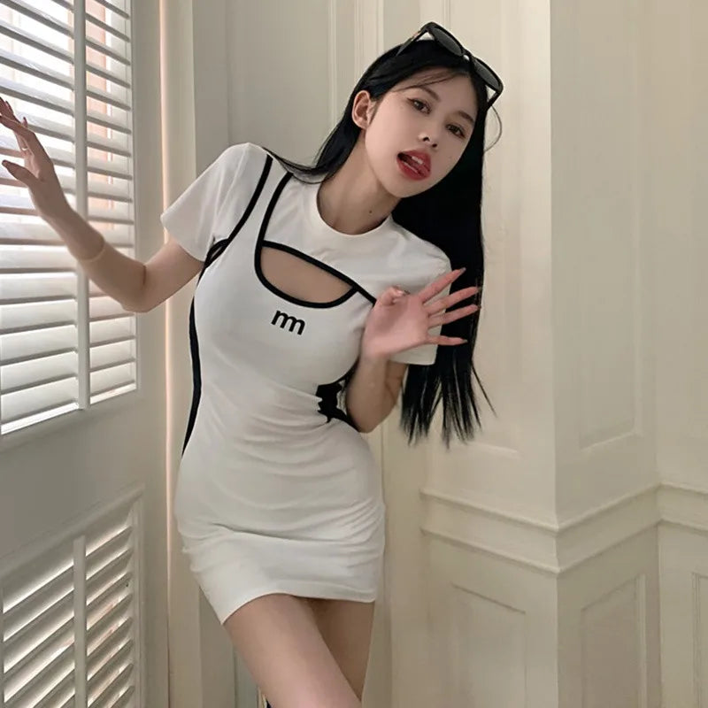 Women Hollow Out O Neck Short Sleeve Patchwork Mini Dress