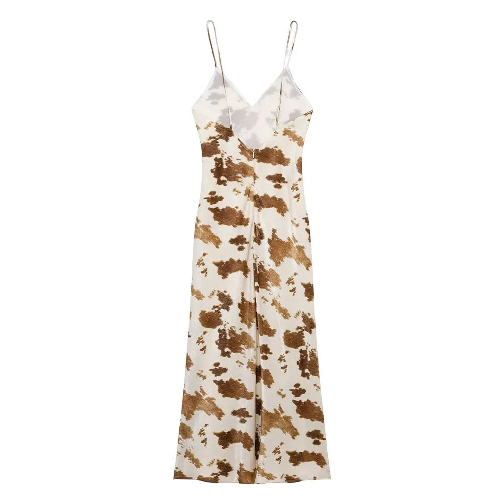 Satin V Neck Halter Dress With Mistletoe Print Elegant