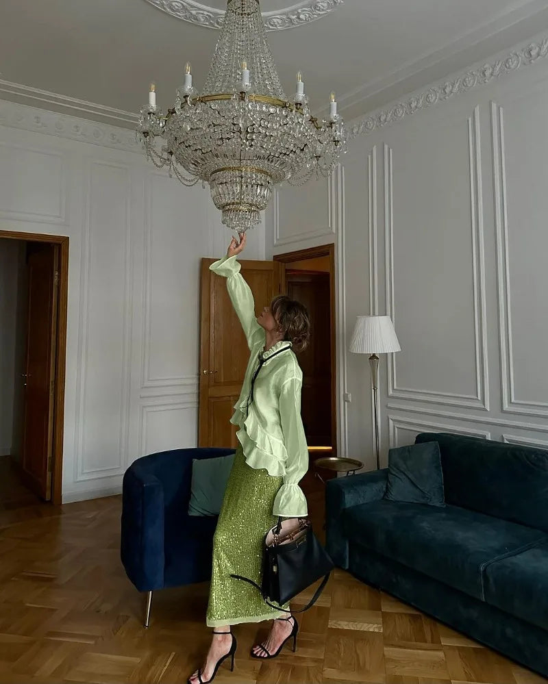 Sexy Loose White Women's Shirt With Ruffles Long Sleeve Sheer Elegant Blouse Stylish Transparent Top