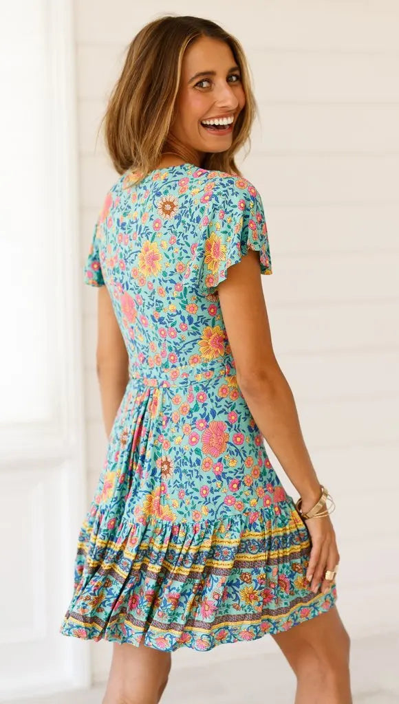 Bohemian Printed Dress With V Neck Lace Up Short Skirt