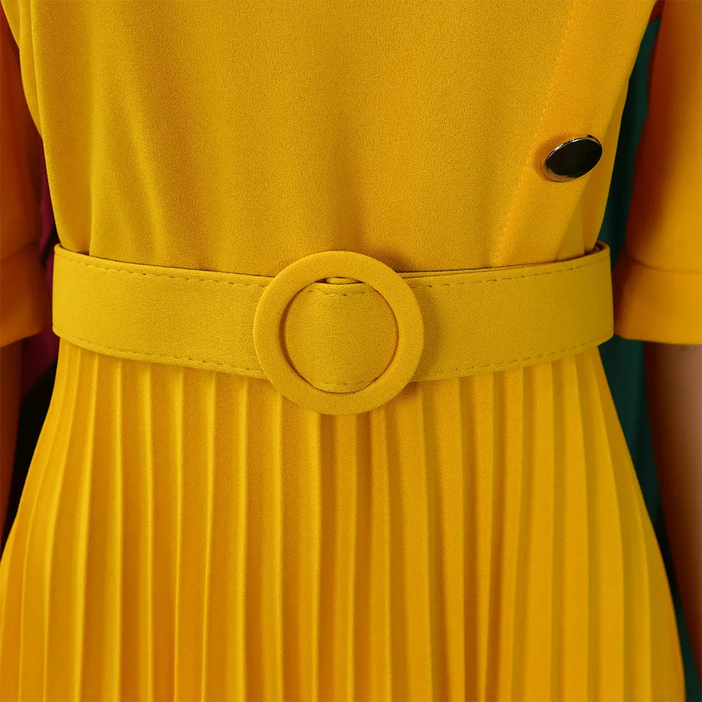 Elegant Pleated Dress for Women Formal Half Sleeve Belted