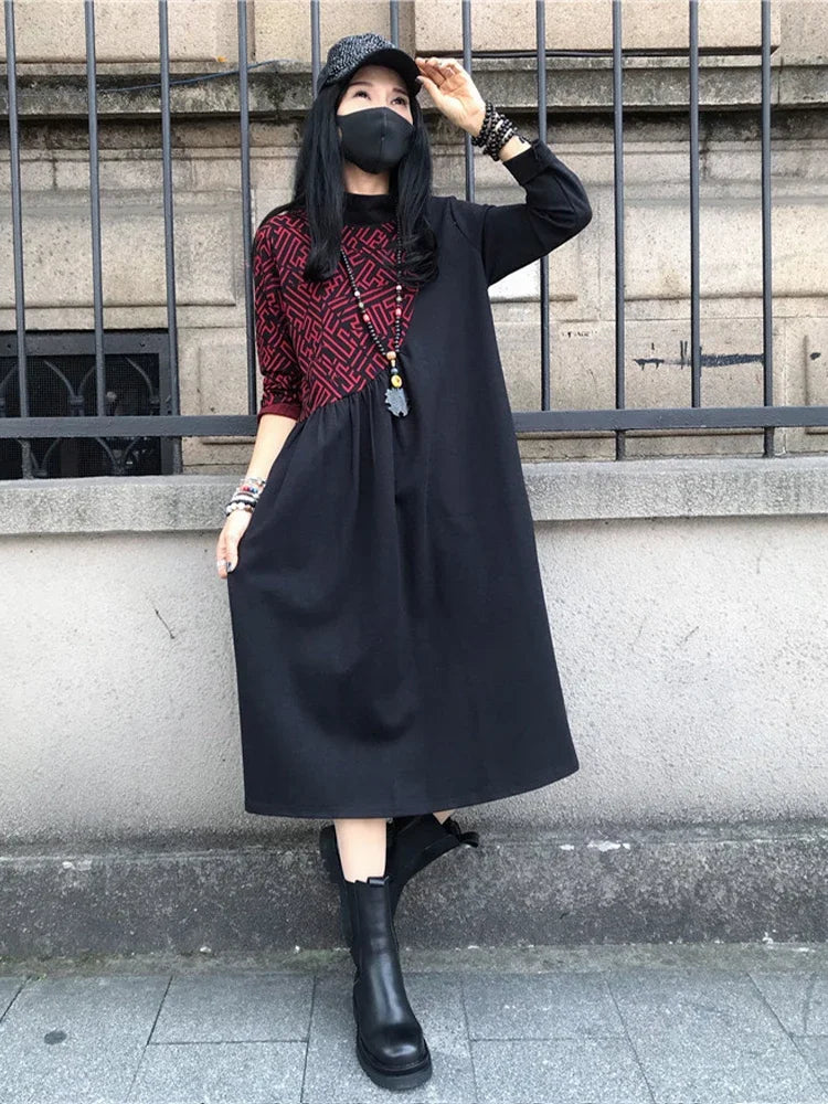 Loose Printed Turtleneck Dress For Women Elegant Casual