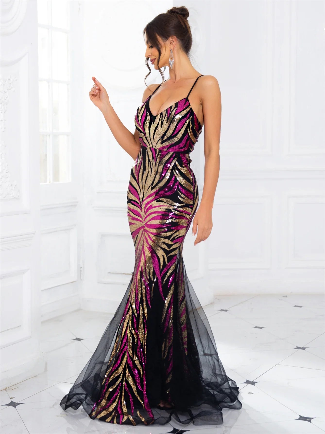 V Neck Lace Up Prom Dress Multicolor Mesh A Line Maxi Dress