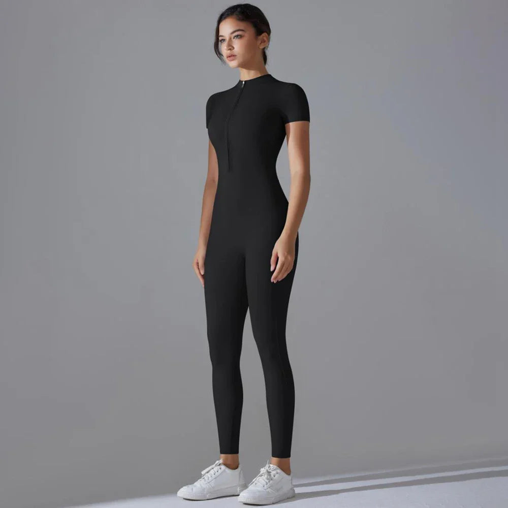 Womens Short Sleeve Yoga Jumpsuit Slim Fit Stretch One Piece Romper with Front Zipper Sexy Fitness Activewear Basic Sportwear in Black