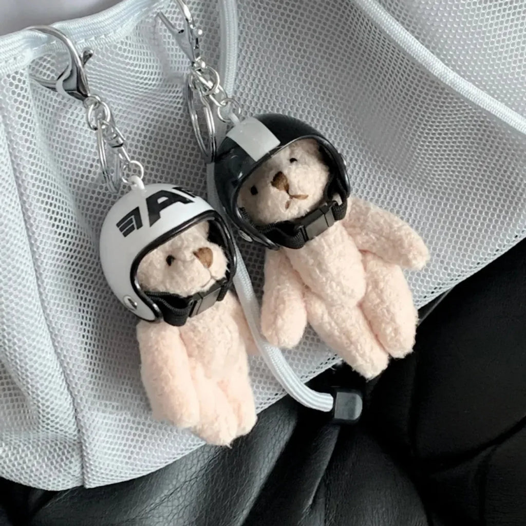 Helmeted Bear Charm Keychain Plush Ornament for Bags and Backpacks