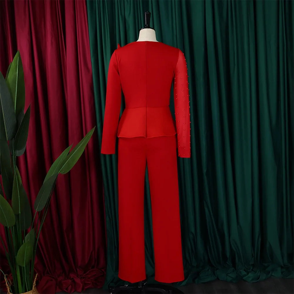 Elegant High Waisted Jumpsuit for Women with Round Neck Beaded Detail and Transparent Sleeves Perfect for Birthday Parties and Special Occasions