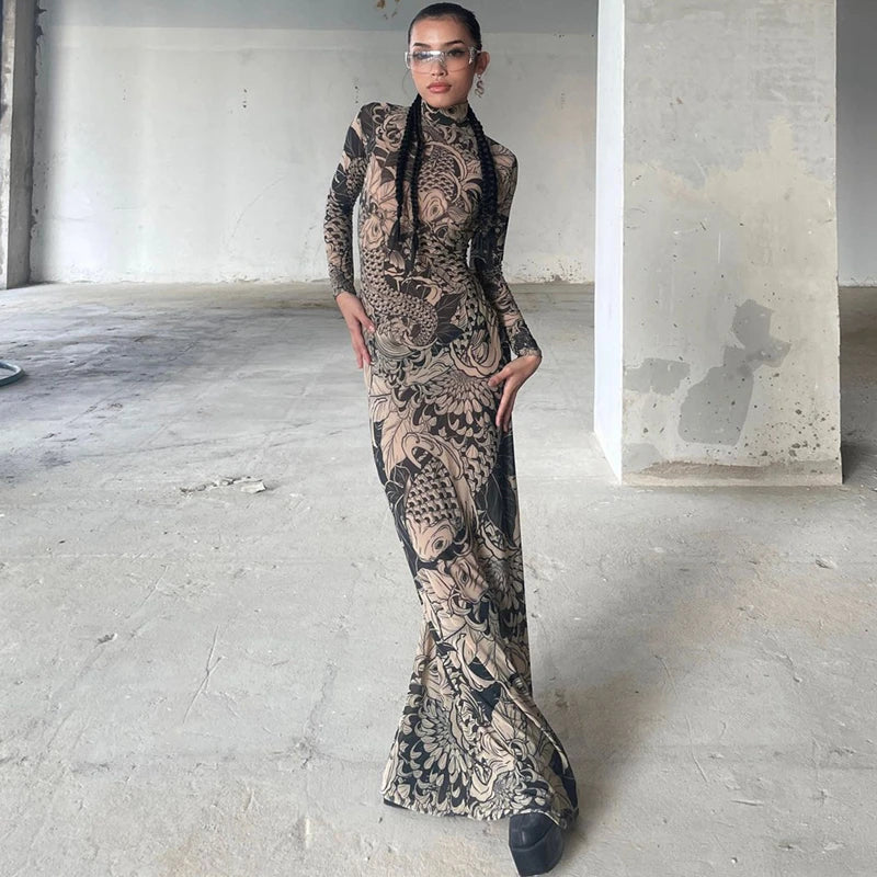 Women Mesh See Through Bodycon Long Sleeve Dress Autumn