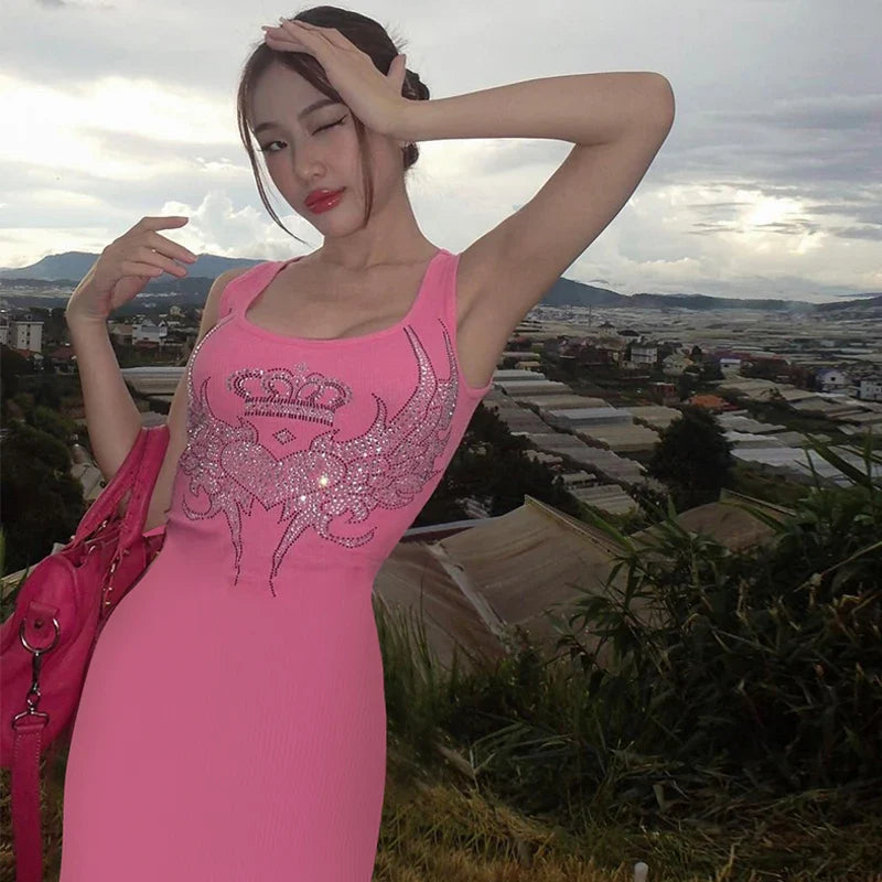 Pink Sequin Sleeveless Mini Dress For Women Party Streetwear