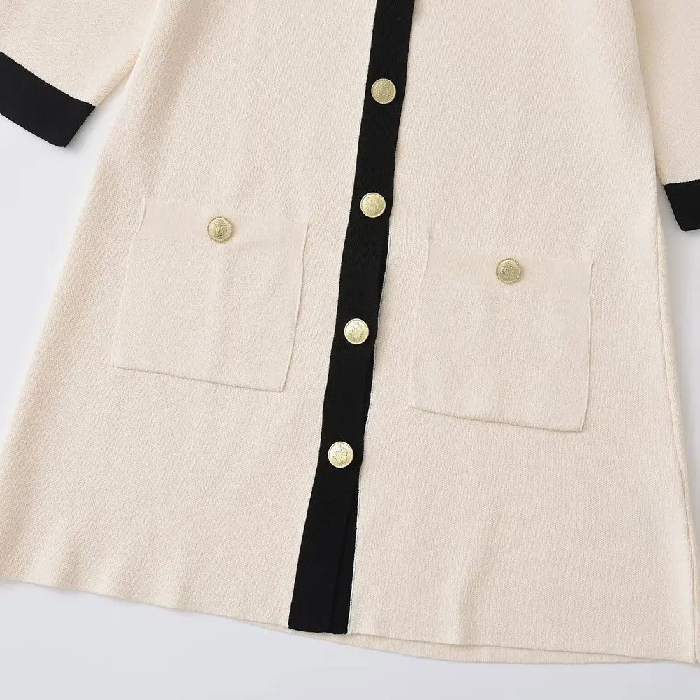 Knitted Mini Dress With Pockets And Golden Buttons For Women