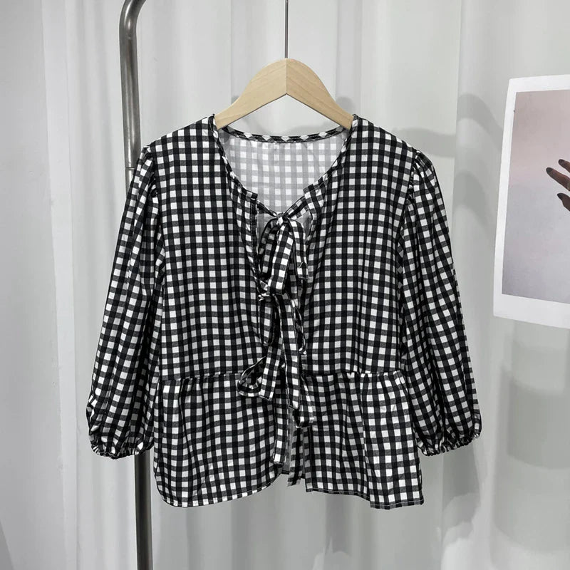 Elegant Women Striped Bow Tie Lace Up Blouse Round Neck Short Sleeve Puff Sleeve Loose Fit Vintage Chic Top for Spring and Summer