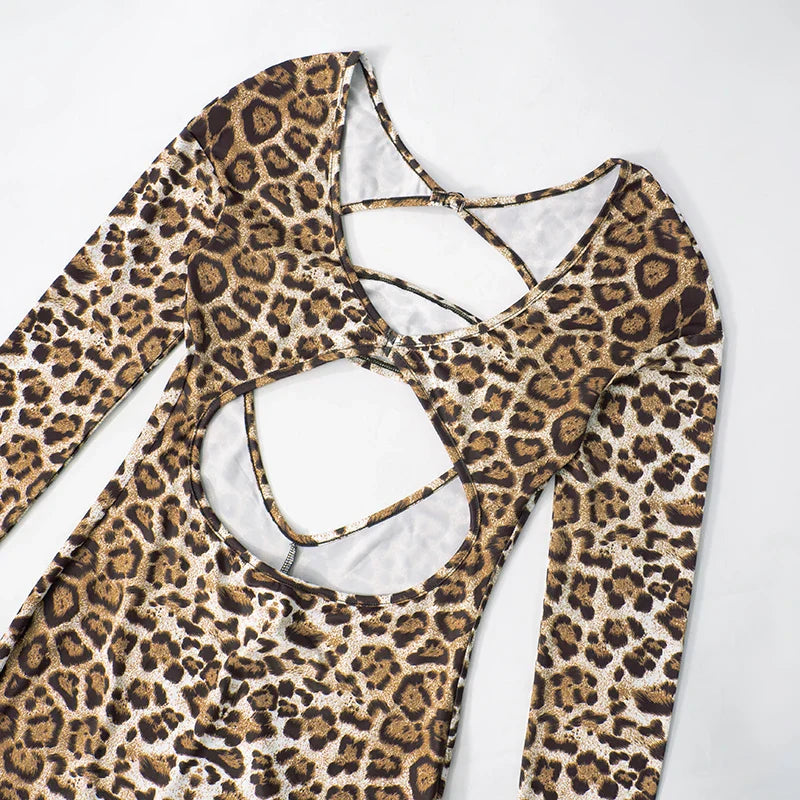 Leopard Print Long-Sleeved Crop Top with High-Waisted Trendy Jumpsuit Sexy Chic Stylish Outfit for Women