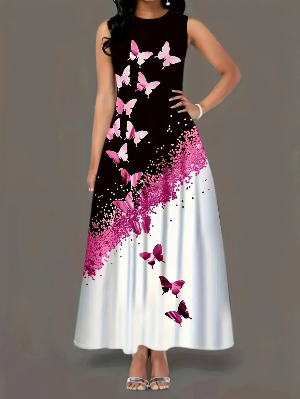 Butterfly Print A Line Summer Dress Front Pockets Style