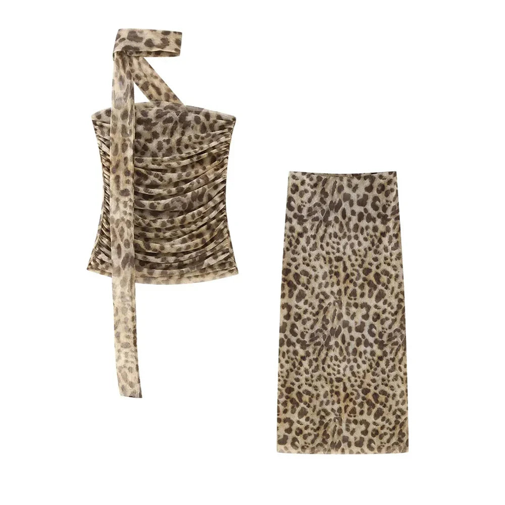 Strapless Leopard Print Tulle Draped Bustier Top with High Waist Long Skirt Two-Piece Set for Women Sexy Evening Outfit