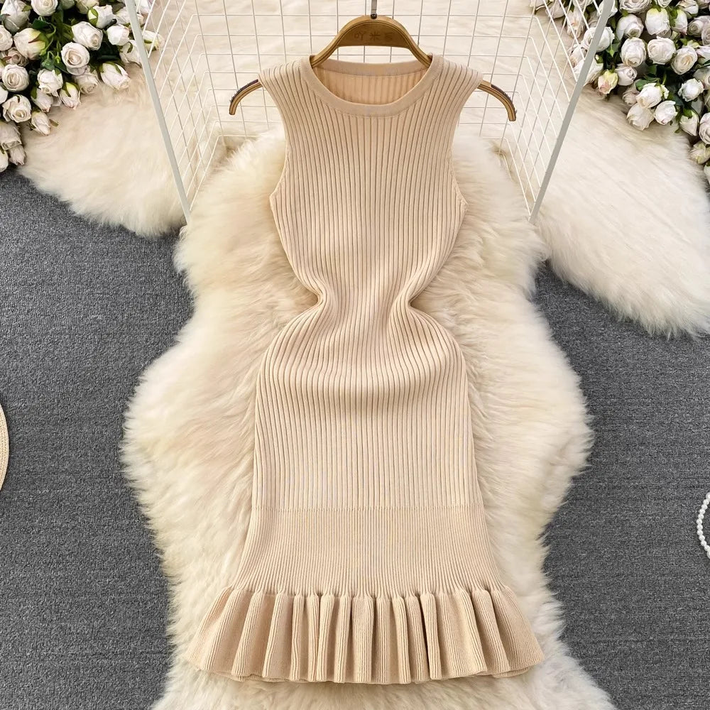 Knitted Mini Dress Women Summer Bodycon Ruffled Elegant
