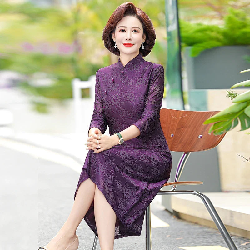 Elegant Lace Dress For Women With Qipao Collar A Line Long