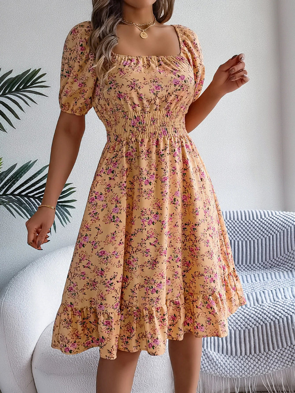 Floral Print Square Neck Dress With Shirred Waist Detail