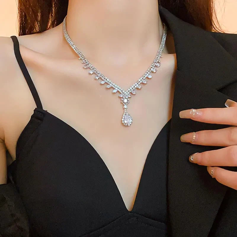 Large Water Drop Rhinestone Necklace and Earrings Set for Women Bridal Wedding Party Jewelry