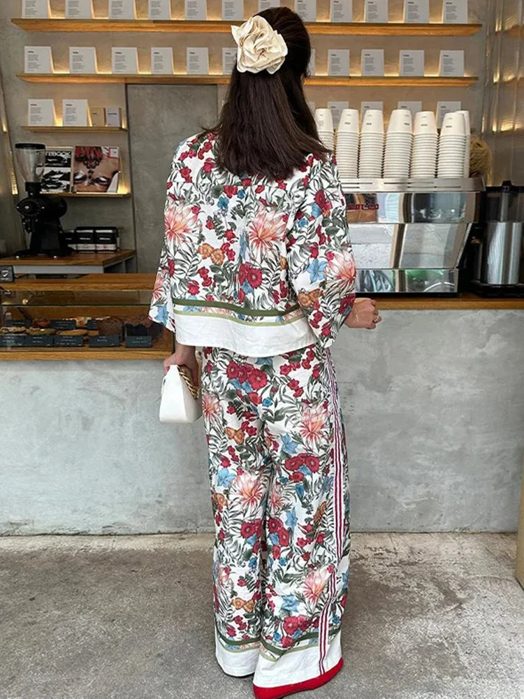 Women's Bohemian Casual Trousers Set with Long Sleeve Shirt and High Waisted Wide Leg Pants