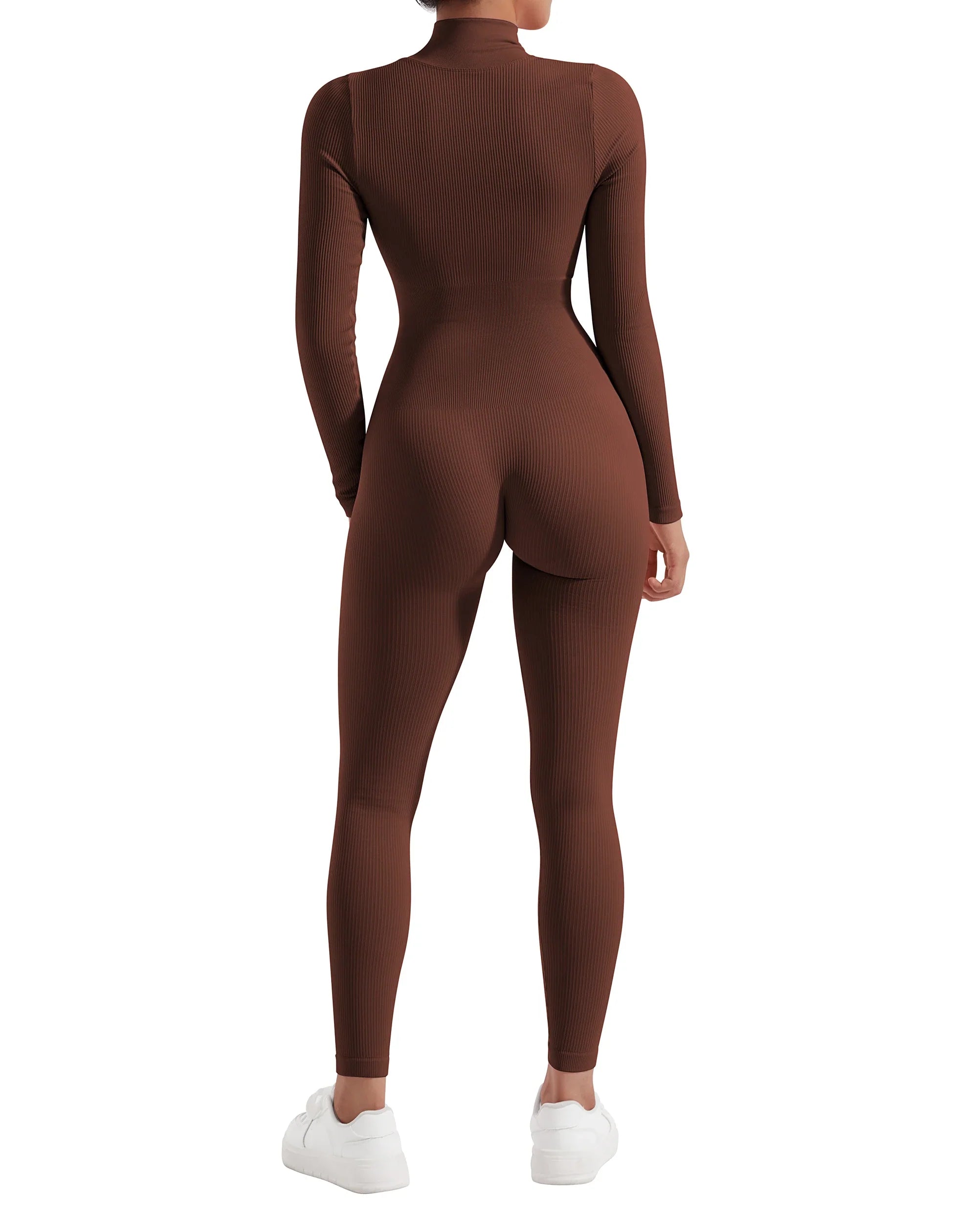 Bodycon Slim Fit Zipper Jumpsuit for Women Casual Brown Fitness Romper Streetwear Playsuit Overall