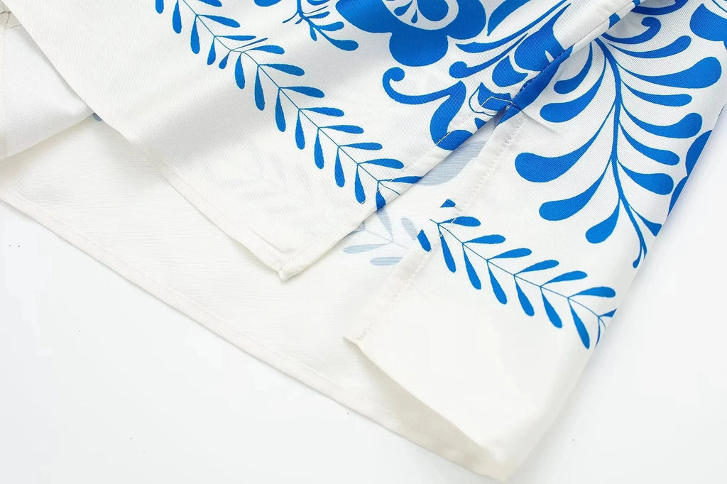 Women's Vintage Printed Casual Set with Long Sleeve Blouse and Straight Leg Pants