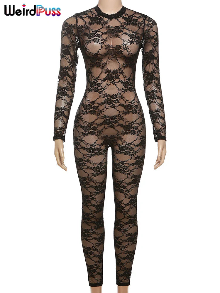 Sexy Zip Front Skinny Jumpsuit for Women Stretch Long Sleeve O-Neck Elastic Clubwear Thin Workout Overalls