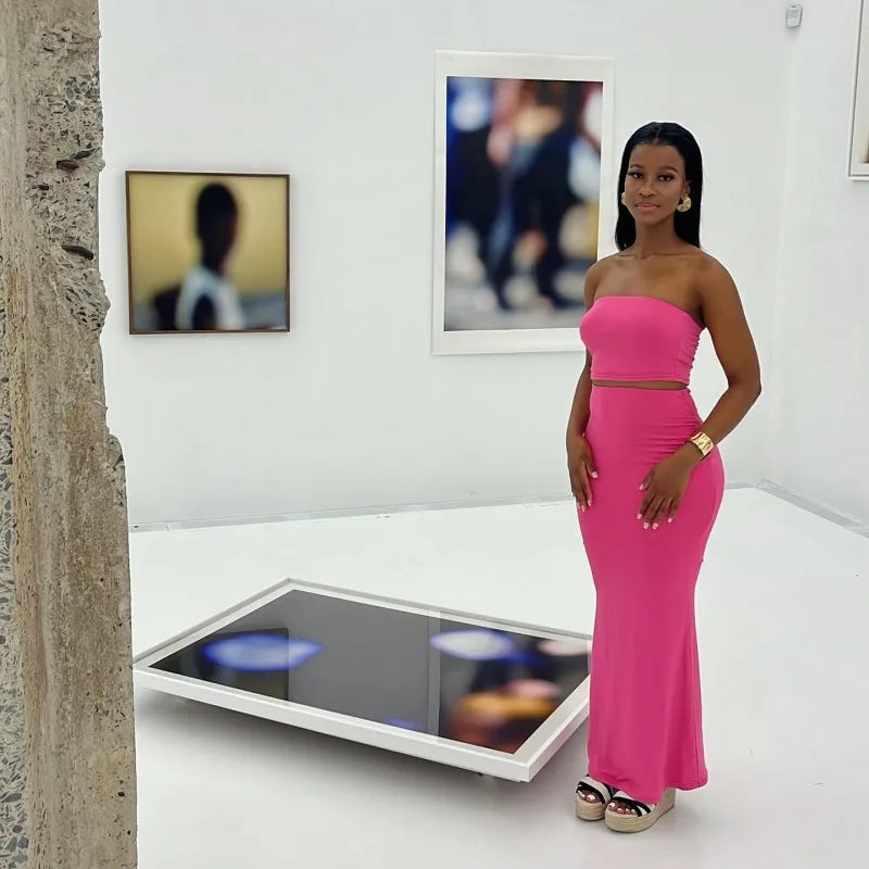 Solid Color Sleeveless Tube Top with High Waist Slim Long Skirt Set for Women Summer Chic Fashion