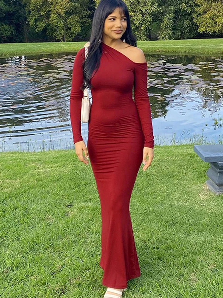 One Shoulder Red Dress Knit For Women Autumn Winter Fashion