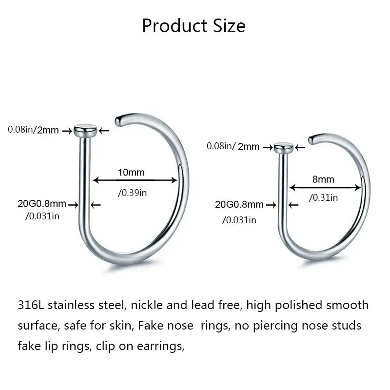 D-Shape Septum Nose Ring Clip On 316L Stainless Steel Fake Piercing Jewelry for Men and Women, 1/3/5 Pieces