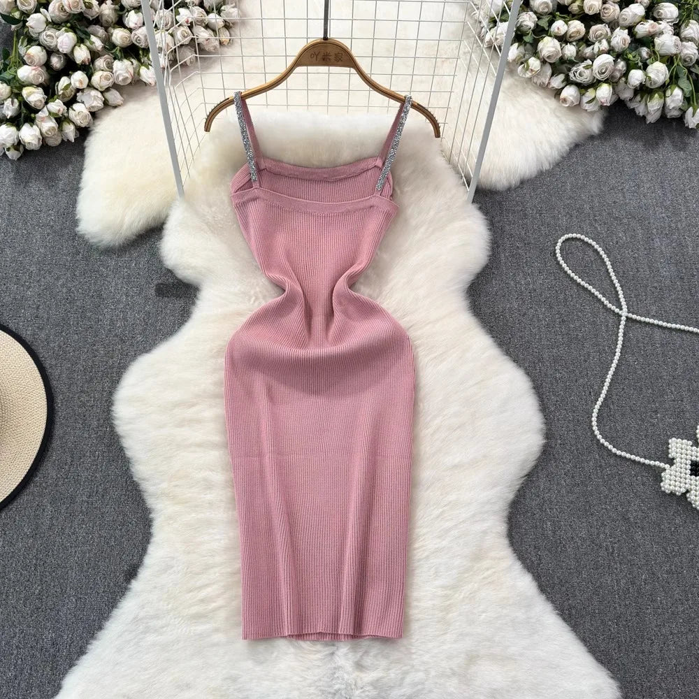 Knit Bodycon Mini Dress With Shimmer Straps For Women