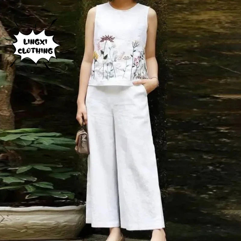 Women's Cotton and Hemp Two Piece Set Loose Elegant Sleeveless Commuter Outfit with Embroidery