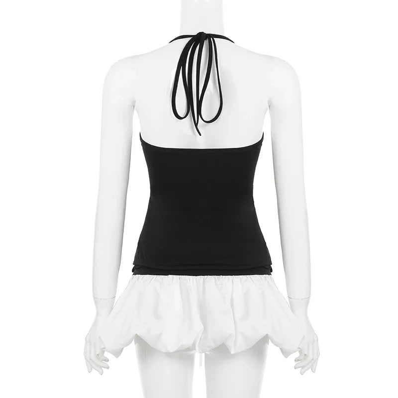 Slim Contrast Color Two-Piece Dress Set for Women Bandage Slash Neck Halter Top with Low-Waisted A-Line Skirt Elegant Sweet Casual Outfit