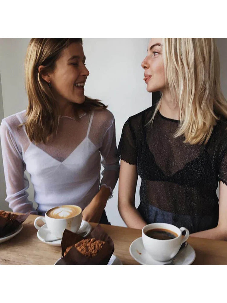 Sexy Mesh Long Sleeve T Shirt for Women Black Transparent Club Top