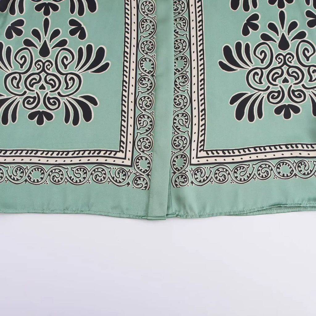 Loose Fit Long Sleeve Silk Satin Printed Shirt and Pants Set for Women