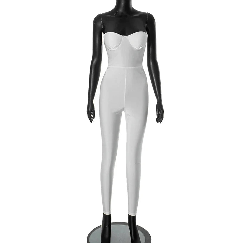 Elegant Women's Strapless Slim Fit Backless Sleeveless Pencil Jumpsuit Solid Color Evening Wear