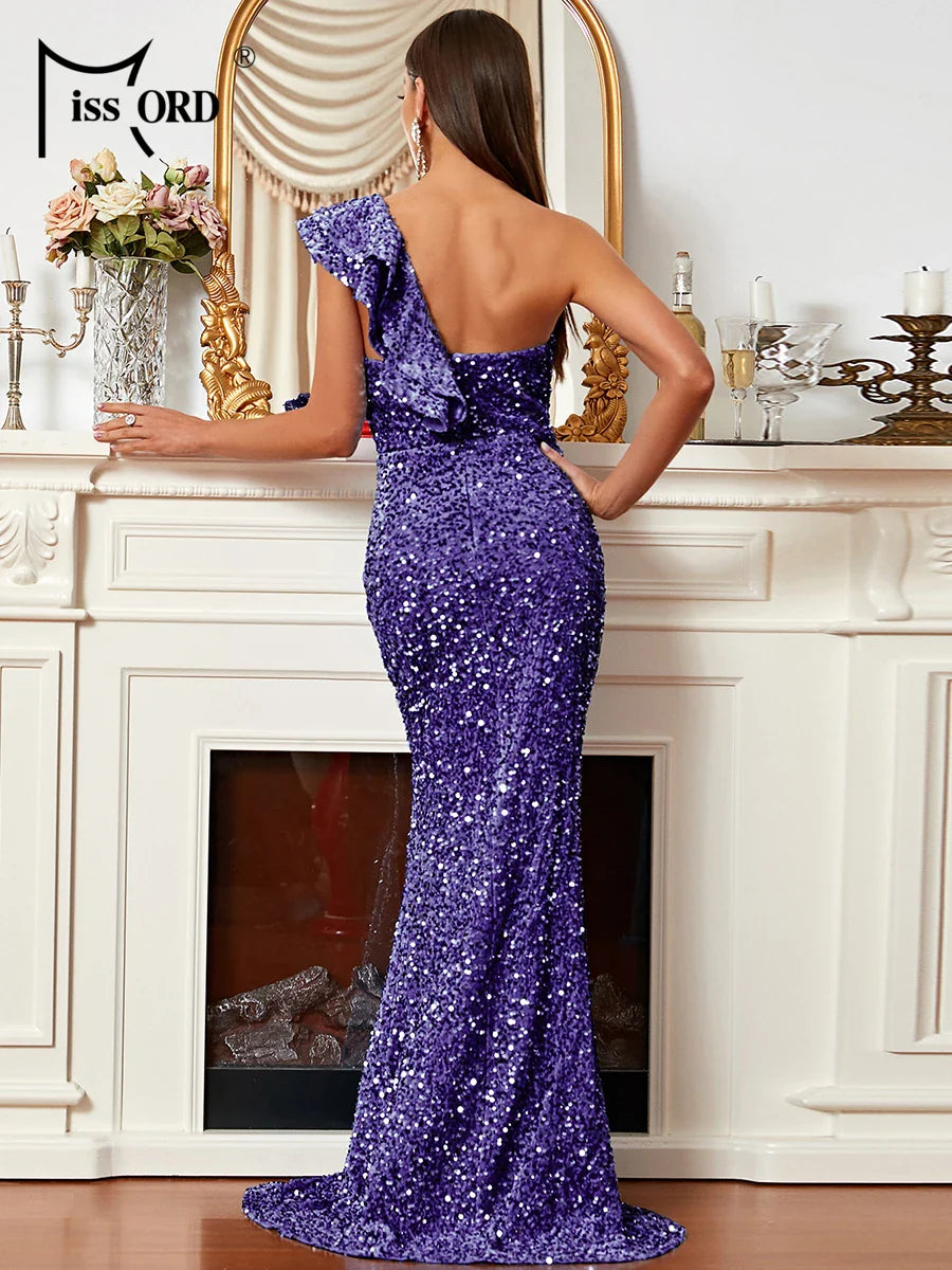 One Shoulder Sequin Party Dress With Ruffle Slit Mermaid