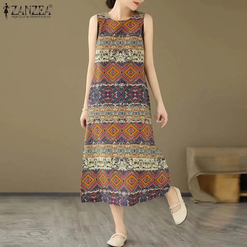 Bohemian Floral Print Sleeveless Midi Dress For Summer