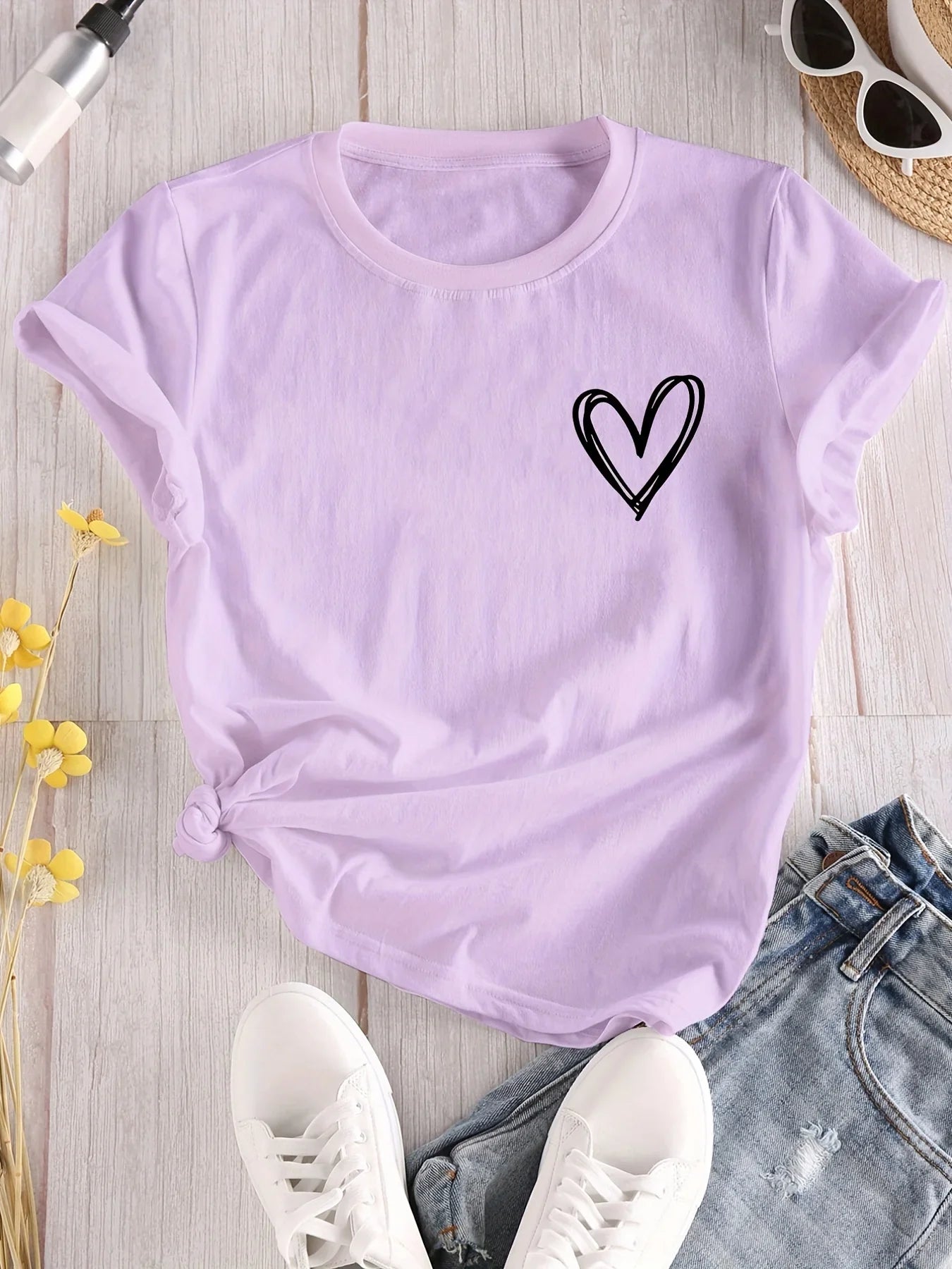 Heart Print Casual T-Shirt for Women, Crew Neck Short Sleeve Everyday Top