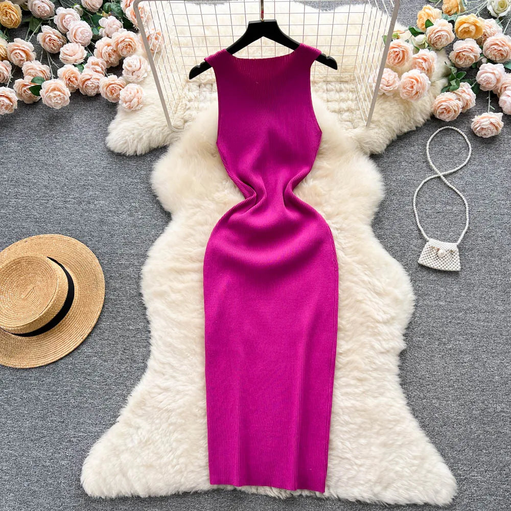 Summer Knitted Bodycon Dress Drawstring Split Black Women